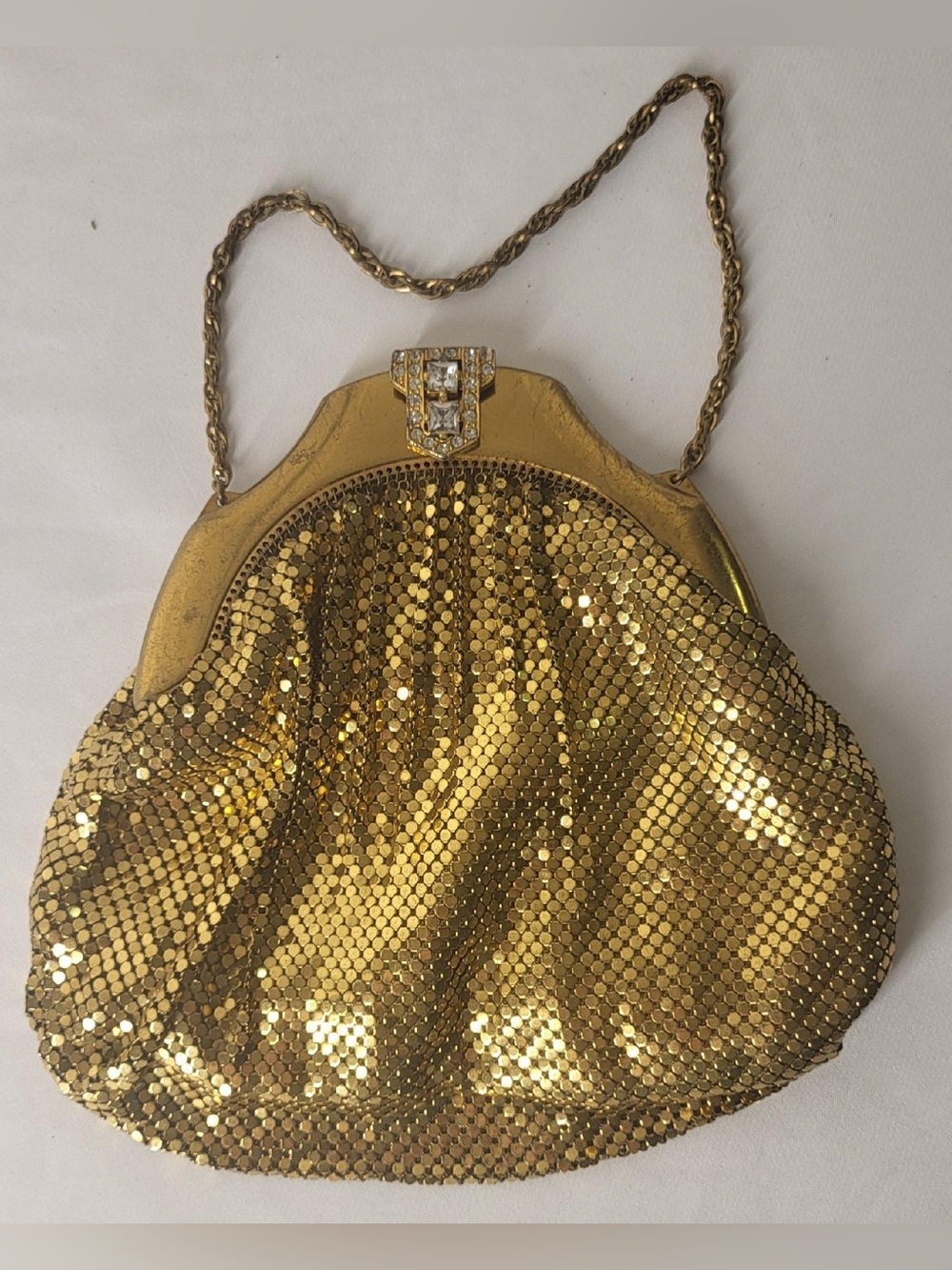 Vintage Whiting & Davis Gold Mesh Evening Bag with Rhinestone Clasp Chain Strap